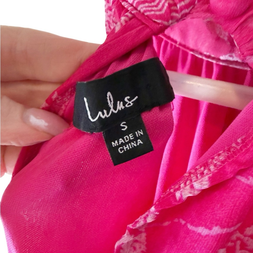 Lulus Float to You Hot Pink Floral Print Halter-Neck Tiered Midi Dress S Wedding - Picture 9 of 10